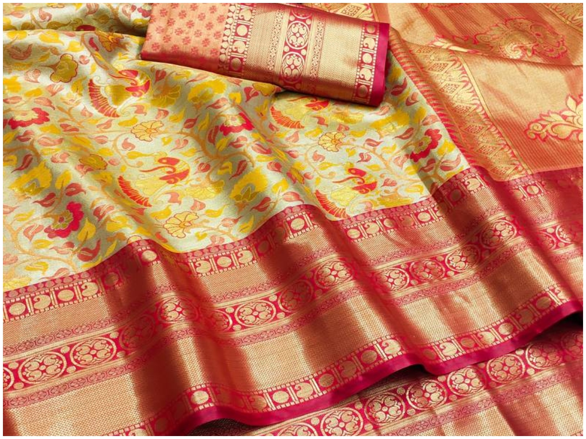 Koram Golden Pure Kanjivaram Soft Silk Weaving Borders Havy Design Saree